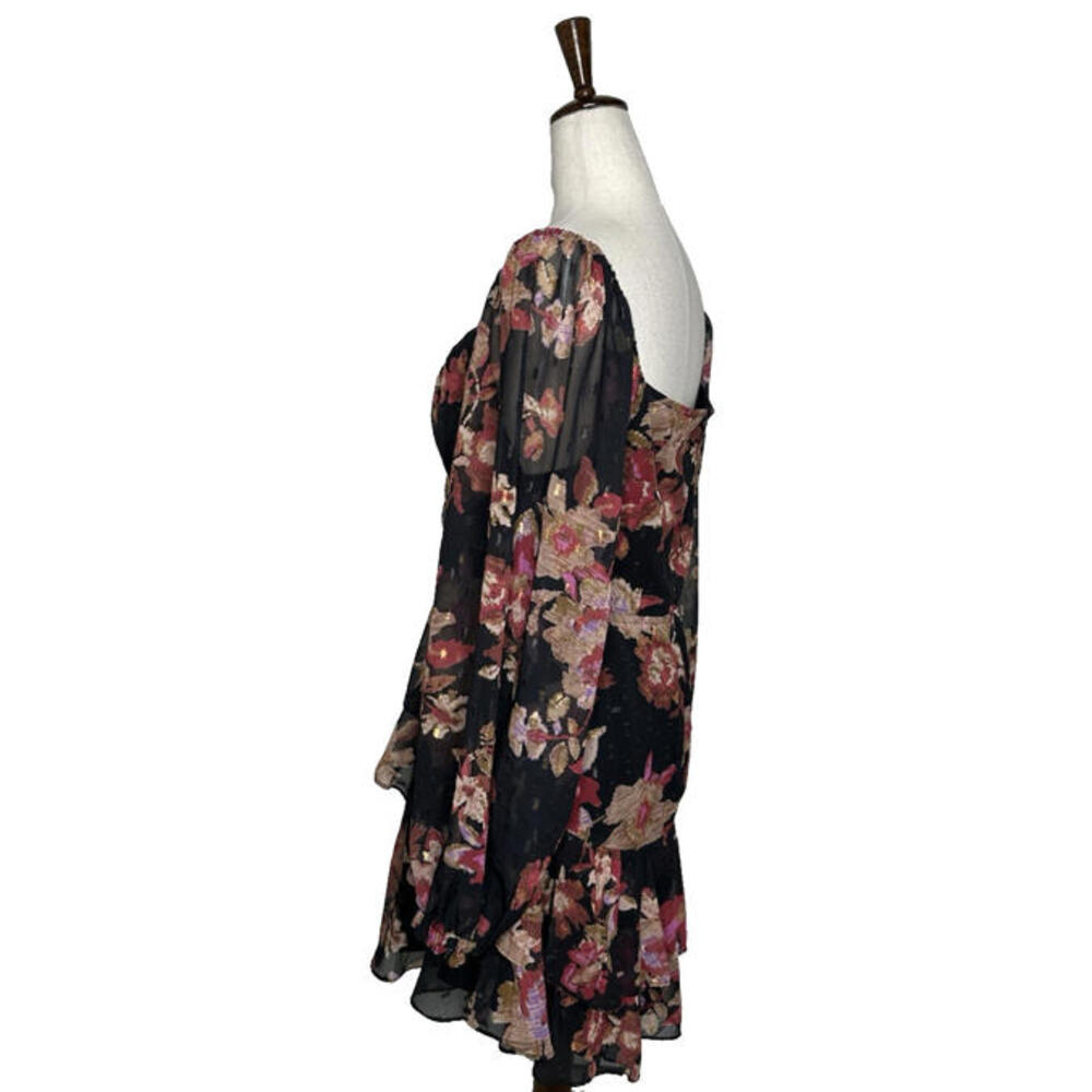 Romantic Floral Chiffon Tiered Lurex Mini Dress V Neck Balloon Sleeve - Picture 5 of 8